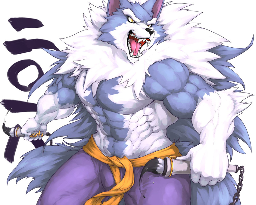 abs anthro biceps big_muscles black_nose blue_fur canine captainjohkid claws clothing darkstalkers flakjacket0204 fur hi_res jon_talbain male mammal muscular pecs simple_background solo teeth video_games were werewolf white_fur wolf