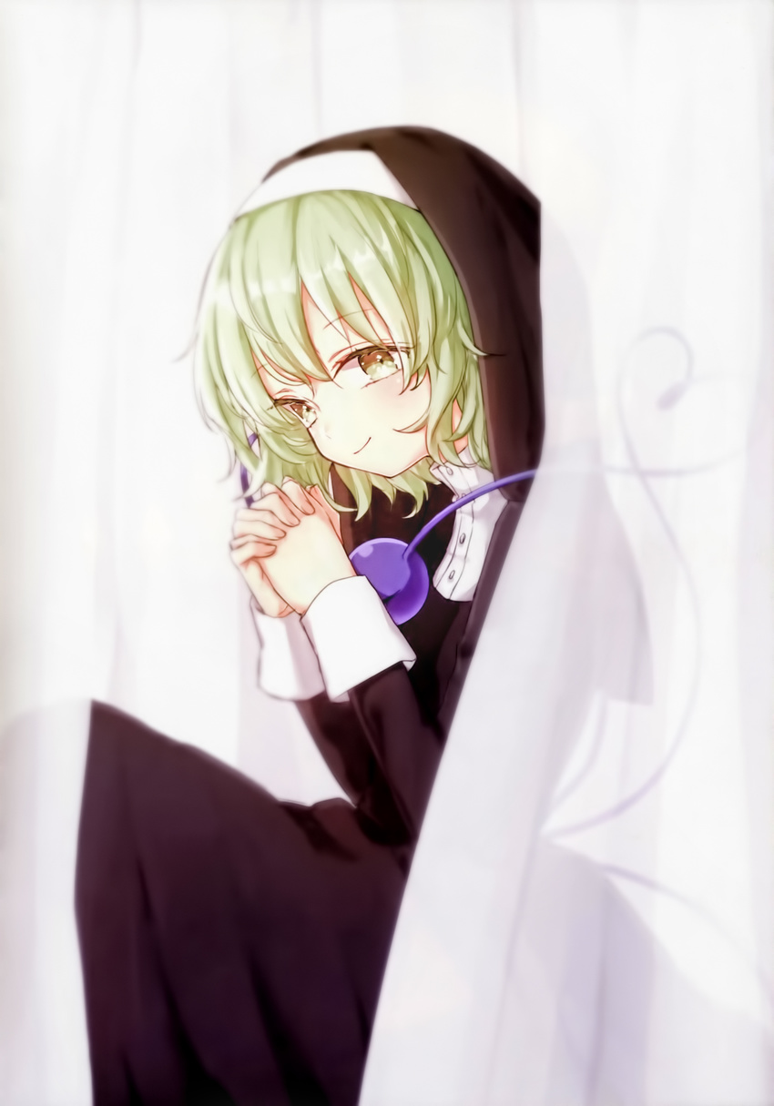 absurdres alternate_costume closed_mouth green_eyes green_hair habit hands_up heart heart_of_string highres honotai interlocked_fingers komeiji_koishi looking_at_viewer nun own_hands_together robe scan see-through sitting smile solo third_eye touhou