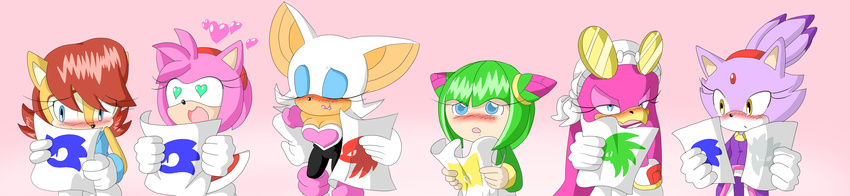 &lt;3 amy_rose archie_comics blaze_the_cat blush clothing cosmo_the_seedrian gloves lipstick makeup paper rouge_the_bat sally_acorn shy smile sonic_(series) sonic_riders wave_the_swallow