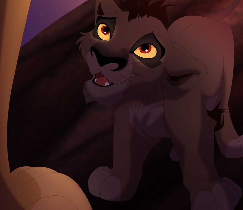 albinoraven666fanart black_hair brown_fur child cub detailed_background disney eye_contact fangs feline feral fur hair lion male mammal nuka outside red_eyes standing the_lion_king yellow_sclera young