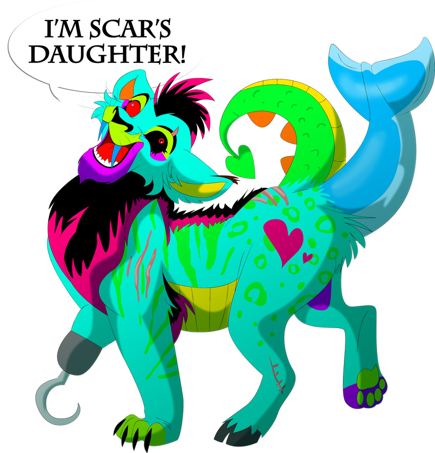 albinoraven666fanart alpha_channel aqua_fur black_hair black_sclera blue_body claws cloven_hooves countershading disney fangs female feral fin green_markings green_scales hair hook hooves mammal markings open_mouth original_character_do_not_steal pawpads red_eyes red_sclera scales scar side_view simple_background solo spade_tail standing tail_fin the_lion_king transparent_background where_is_your_god_now yellow_countershading young