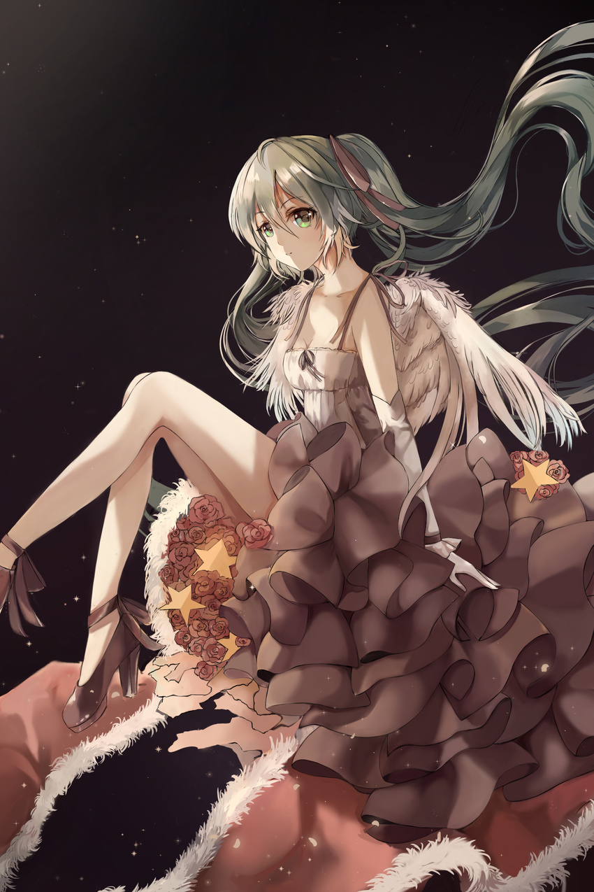 absurdly_long_hair bad_id bad_pixiv_id blue_hair breasts closed_mouth collarbone dress elbow_gloves eyebrows_visible_through_hair gloves green_eyes hair_ribbon hatsune_miku high_heels highres long_hair looking_at_viewer medium_breasts night night_sky red_ribbon ribbon sepia sky smile solo star_(sky) starry_sky twintails very_long_hair vocaloid white_dress white_gloves wings z_z
