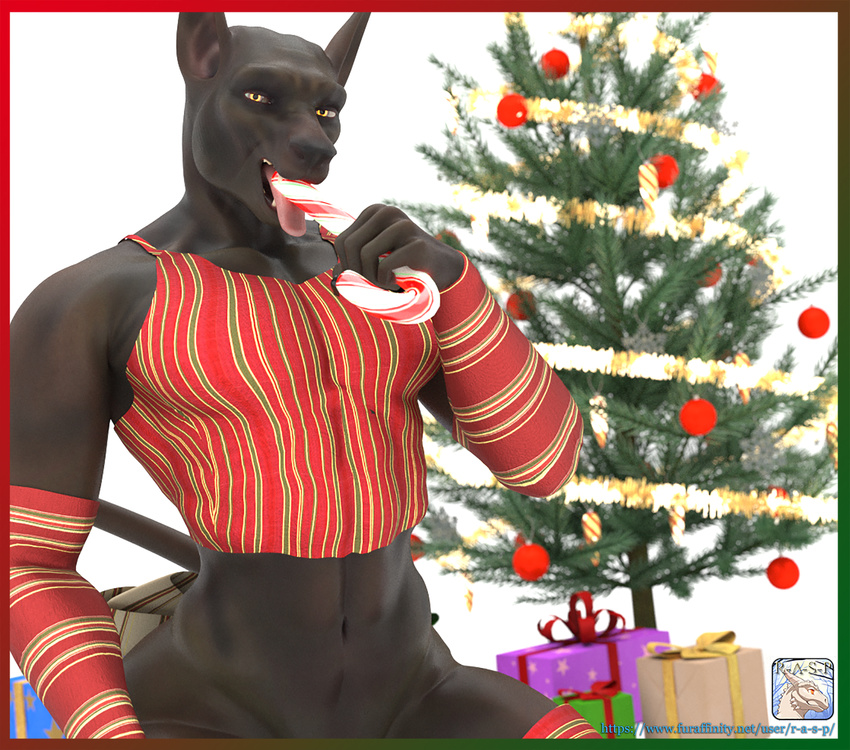 2017 3d_(artwork) 5_fingers anthro anubis azentaru_(r-a-s-p) black_skin border candy candy_cane canine christmas christmas_present christmas_tree deity digital_media_(artwork) food front_view hi_res holidays jackal kneeling licking looking_at_viewer male mammal mostly_nude navel open_mouth r-a-s-p_(artist) simple_background solo tongue tongue_out tree url white_background yellow_eyes