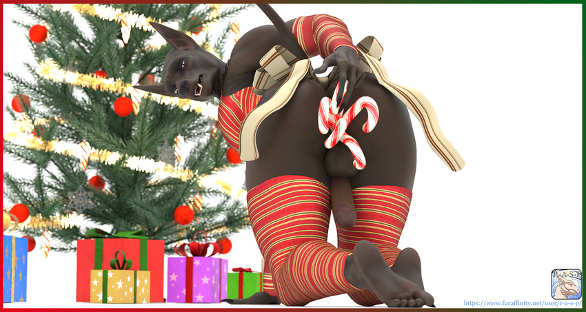 2017 3d_(artwork) 5_fingers 5_toes all_fours anal anal_penetration anthro anubis azentaru_(r-a-s-p) balls black_skin border candy candy_cane canine christmas christmas_present christmas_tree deity digital_media_(artwork) erection food hi_res holidays humanoid_penis improvised_sex_toy jackal looking_back male mammal mostly_nude penetration penis r-a-s-p_(artist) rear_view simple_background solo toes tree url white_background yellow_eyes