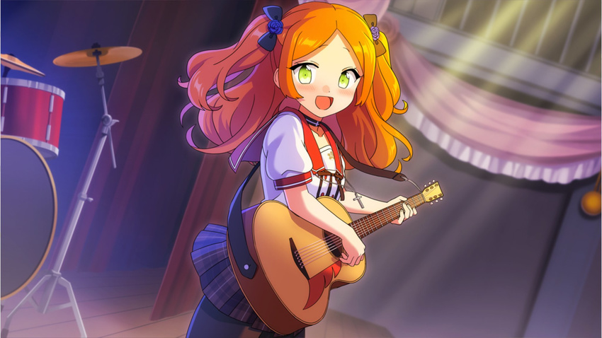 choker ensemble_girls! ensemble_girls_(artist) game_cg green_eyes guitar highres instrument kimisaki_school_uniform long_hair official_art orange_hair plaid school_uniform skirt smile solo tsukinaga_ruka two_side_up