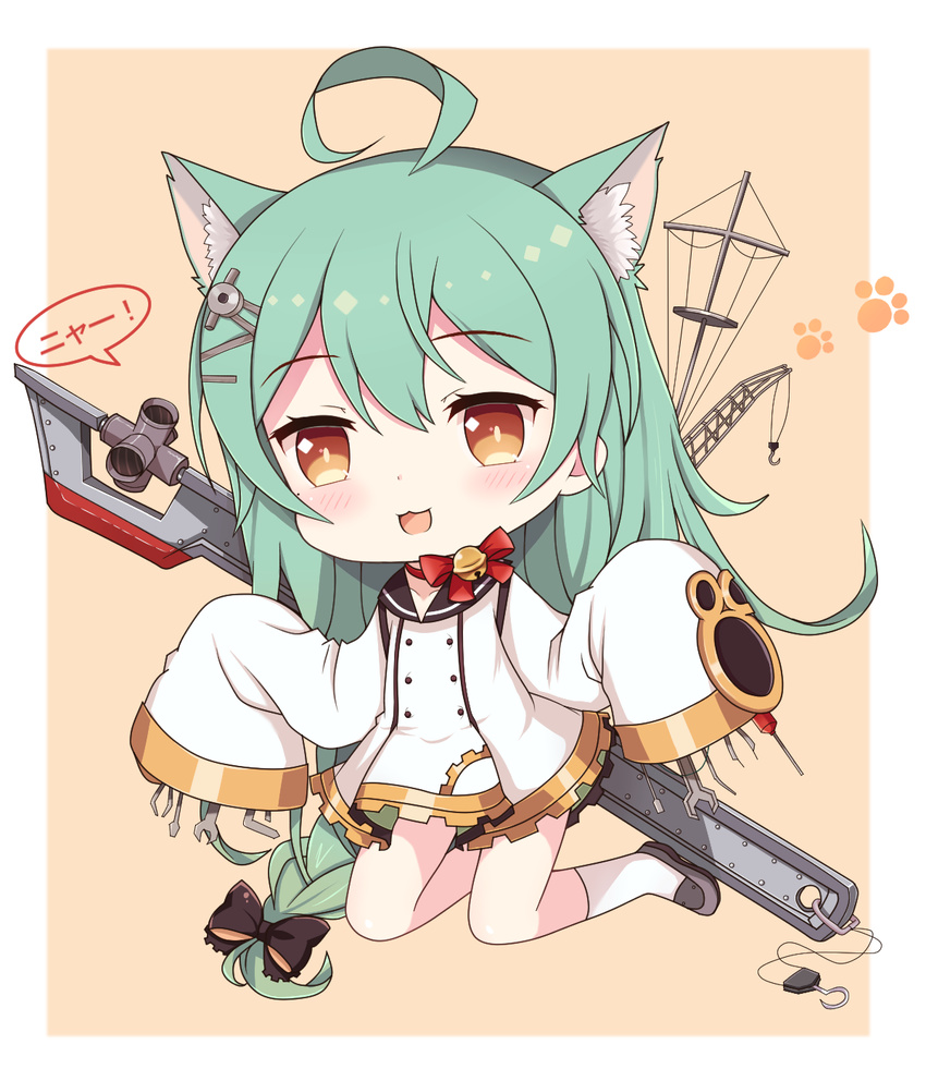 :3 :d ahoge akashi_(azur_lane) animal_ears azur_lane bangs beige_background bell black_bow blush bow braid brown_eyes cat_ears chibi collarbone commentary_request crane dress eyebrows_visible_through_hair full_body green_hair grey_footwear hair_between_eyes hair_bow hair_ornament highres jingle_bell kneehighs kneeling kyuujou_komachi long_hair long_sleeves looking_at_viewer machinery open_mouth red_bow sailor_dress screwdriver shoes sleeves_past_wrists smile solo translation_request two-tone_background very_long_hair white_background white_dress white_legwear wide_sleeves wrench