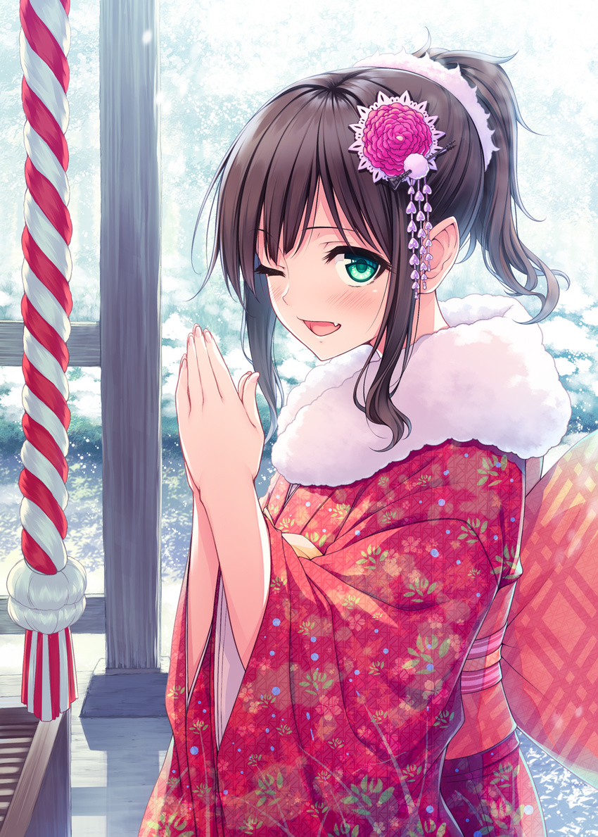 ;d bangs blush brown_hair commentary_request day eyebrows_visible_through_hair fang fingernails floral_print flower fur_collar green_eyes hair_flower hair_ornament hasumi_(hasubatake39) high_ponytail highres idolmaster idolmaster_cinderella_girls japanese_clothes kimono long_hair long_sleeves looking_at_viewer looking_to_the_side maekawa_miku obi one_eye_closed open_mouth outdoors palms_together pink_flower ponytail prayer print_kimono red_kimono sash shrine sidelocks smile solo wide_sleeves