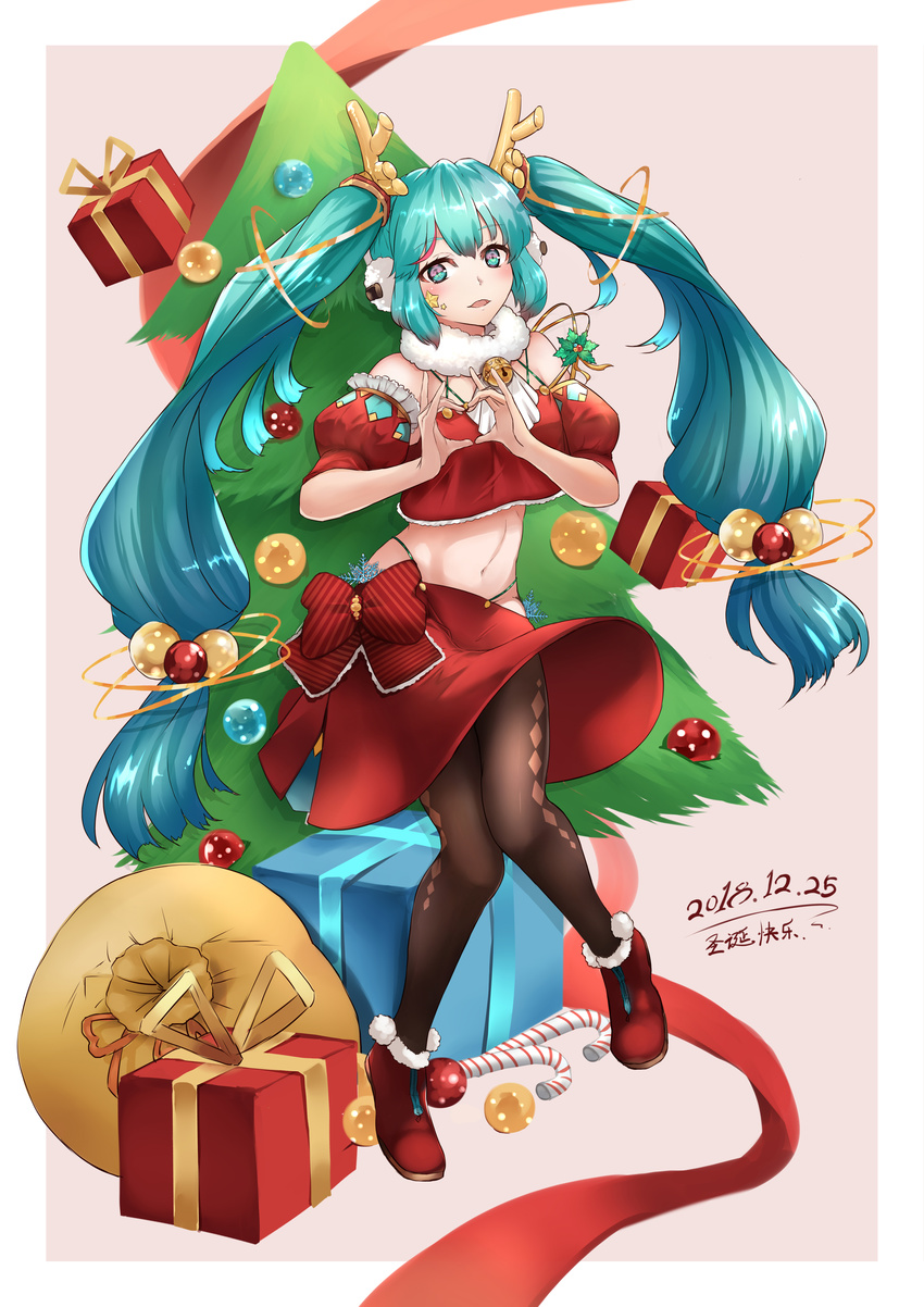 absurdres aqua_eyes aqua_hair baishang_canzhuo bell candy candy_cane christmas christmas_tree dated earmuffs eyebrows_visible_through_hair food full_body gift hatsune_miku heart heart_hands highleg highleg_panties highres jingle_bell knees_together_feet_apart long_hair looking_at_viewer navel open_mouth panties pantyhose sack sidelocks skirt solo twintails underwear very_long_hair vocaloid