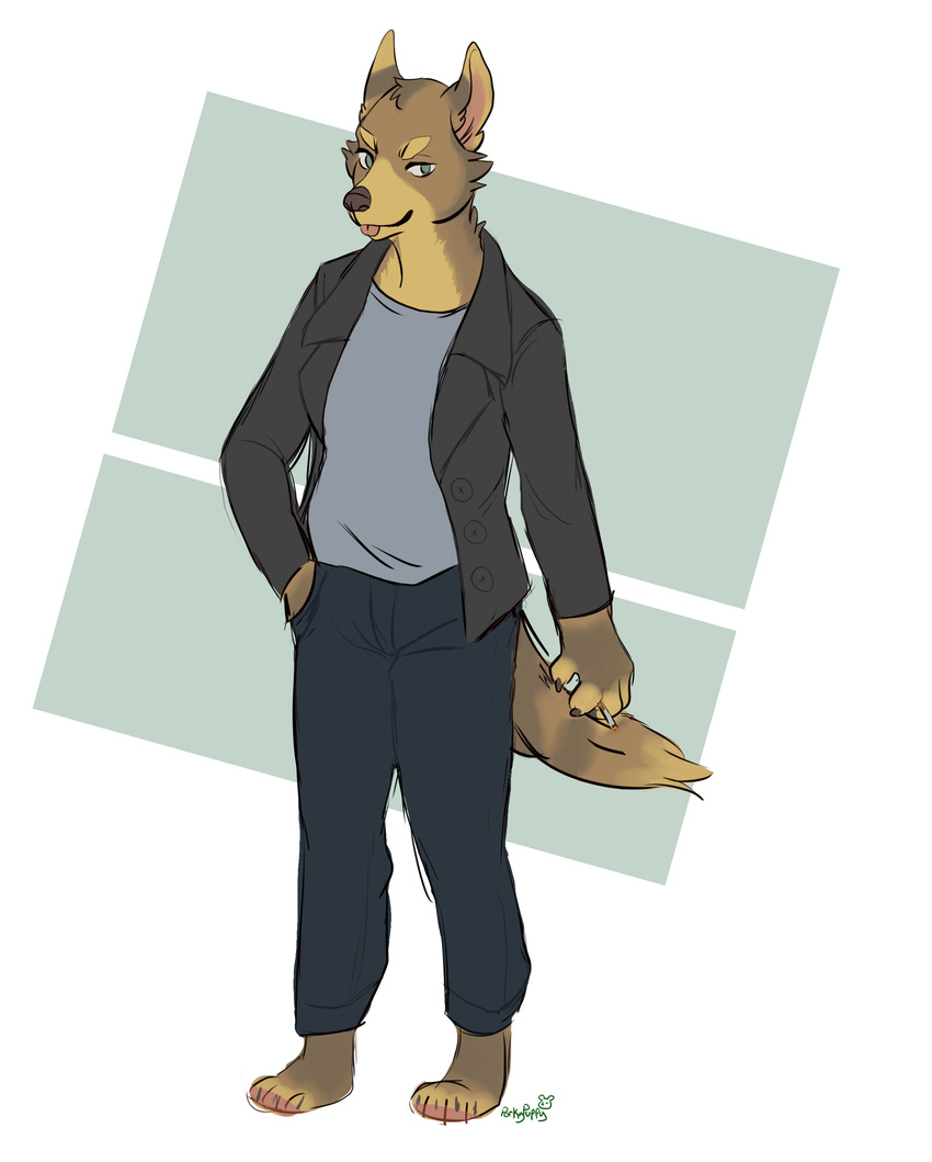 2017 anthro biped brown_fur canine cigarette clothing coat coyote digital_media_(artwork) fur green_eyes jacket jeans male mammal mtd_(dudeman147) pants porkpuppy shirt simple_background solo standing tongue tongue_out