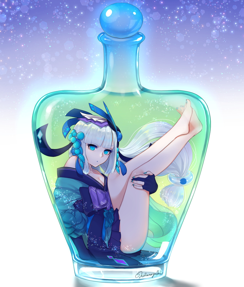 :o aoandon artist_name bangs bare_shoulders blue_eyes blue_lipstick blue_nails blunt_bangs bottle breasts bug butterfly eyebrows_visible_through_hair eyeshadow gloves hair_ornament highres in_bottle in_container insect japanese_clothes kimono kohanayuki legs legs_up lipstick long_hair looking_at_viewer low-tied_long_hair makeup medium_breasts nail_polish onmyoji partly_fingerless_gloves pleated_skirt skirt solo toenail_polish very_long_hair white_hair