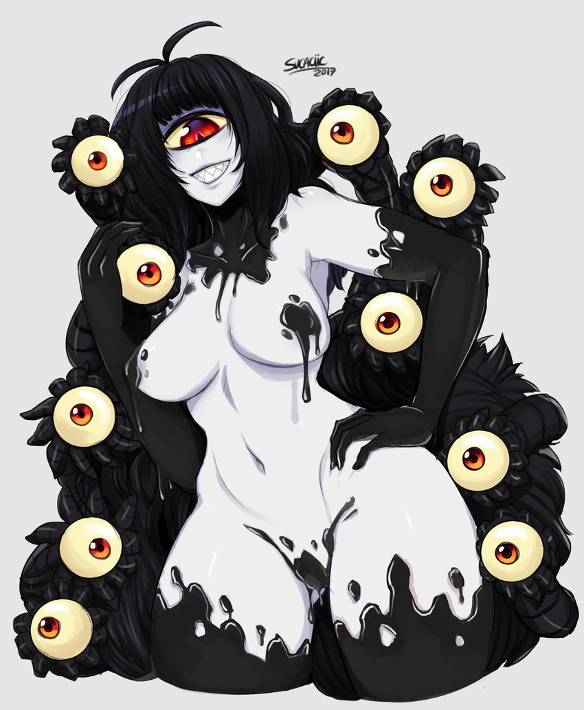 antenna_hair black_hair breasts convenient_censoring cyclops elbow_gloves extra_eyes gazer_(monster_girl_encyclopedia) gloves grin hand_on_hip highres long_hair medium_breasts monster_girl monster_girl_encyclopedia navel one-eyed red_eyes sharp_teeth slime slit_pupils smile solo sucaciic teeth tentacles thighhighs white_skin yellow_sclera