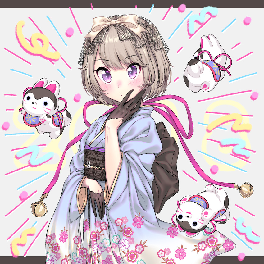 bangs beige_bow bell black_bow black_gloves blue_kimono blush bow brown_hair closed_mouth dog eyebrows_visible_through_hair floral_print gloves grey_background hair_bow half_gloves hand_on_own_cheek japanese_clothes jingle_bell kimono letterboxed long_sleeves looking_at_viewer obi original sash shiny shiny_hair short_hair simple_background solo tareme umeno upper_body wide_sleeves