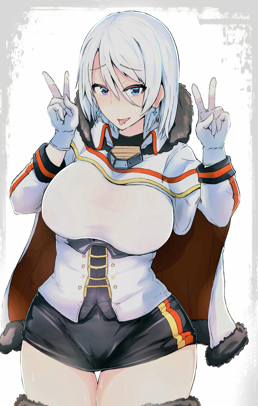 azur_lane black_skirt blue_eyes breasts cape commentary_request cross cross_earrings double_v earrings eyebrows_visible_through_hair flag_print fur-trimmed_cape fur-trimmed_legwear fur_trim german_flag gloves hair_between_eyes highres jewelry large_breasts looking_at_viewer military military_uniform miniskirt open_mouth see-through shiworiita short_hair silver_hair skirt solo sweat thighs tirpitz_(azur_lane) tongue tongue_out underwear uniform v white_gloves