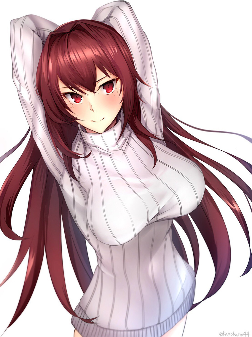 alternate_costume arms_behind_head arms_up bangs blush breasts closed_mouth cowboy_shot dress fate/grand_order fate_(series) hand_in_hair highres kano_(kanokano44) large_breasts long_hair long_sleeves looking_at_viewer red_eyes red_hair scathach_(fate)_(all) scathach_(fate/grand_order) shiny shiny_hair simple_background smile solo standing straight_hair sweater sweater_dress twitter_username v-shaped_eyebrows very_long_hair white_background white_dress white_sweater
