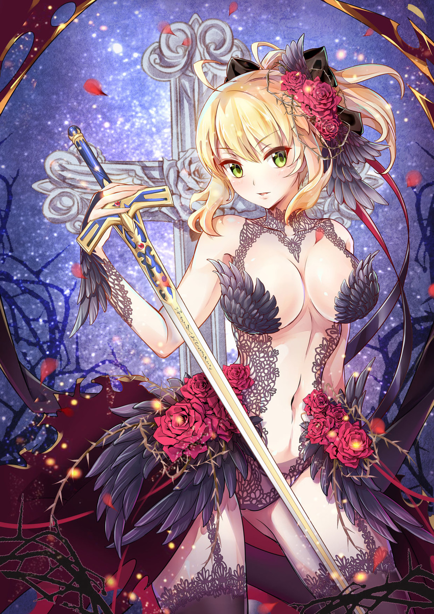 ahoge alternate_breast_size alternate_costume artoria_pendragon_(all) blonde_hair breasts caliburn death-the-cat excalibur fate/unlimited_codes fate_(series) flower garter_straps green_eyes highres holding holding_sword holding_weapon looking_at_viewer medium_breasts navel petals ponytail red_flower red_rose rose rose_petals saber_lily solo sword weapon