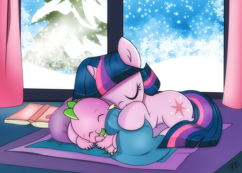 2018 baby bedding blanket book cub cuddling curtains cute cutie_mark dragon dsana duo equine eyelashes eyes_closed female friendship_is_magic hair horn inside lying male mammal multicolored_hair my_little_pony pacifier pillow sleeping snow snowing spike_(mlp) tree twilight_sparkle_(mlp) unicorn window winter young