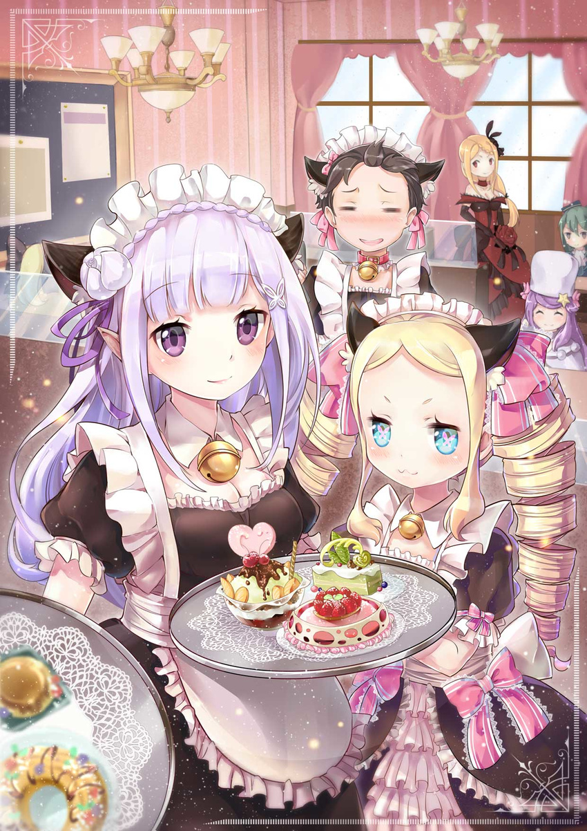 5girls alternate_costume anastasia_hoshin beatrice_(re:zero) black_hair black_ribbon blonde_hair blue_eyes character_request commentary_request crusch_karsten death-the-cat detached_sleeves elf emilia_(re:zero) enmaided eyes_visible_through_hair flower frilled_sleeves frills hair_flower hair_ornament highres indoors long_hair looking_at_viewer maid maid_headdress multiple_girls natsuki_subaru pointy_ears priscilla_barielle purple_eyes purple_ribbon re:zero_kara_hajimeru_isekai_seikatsu ribbon smile