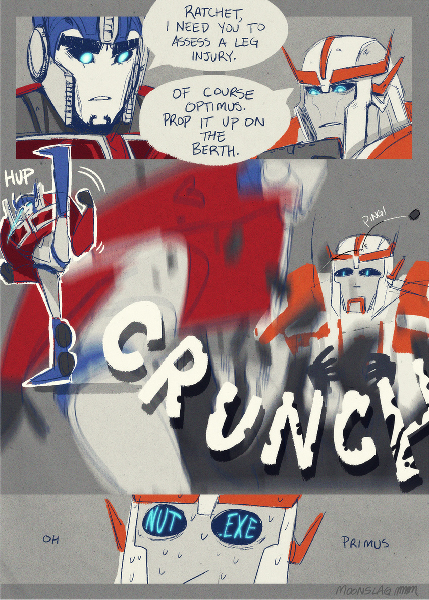 alien autobot blue_eyes comic cybertronian dialogue digital_media_(artwork) duo english_text eyebrows humanoid humor living_machine machine moonslag not_furry open_mouth optimus_prime ratchet_(transformer) robot simple_background standing teeth text thick_eyebrows transformers transformers_prime