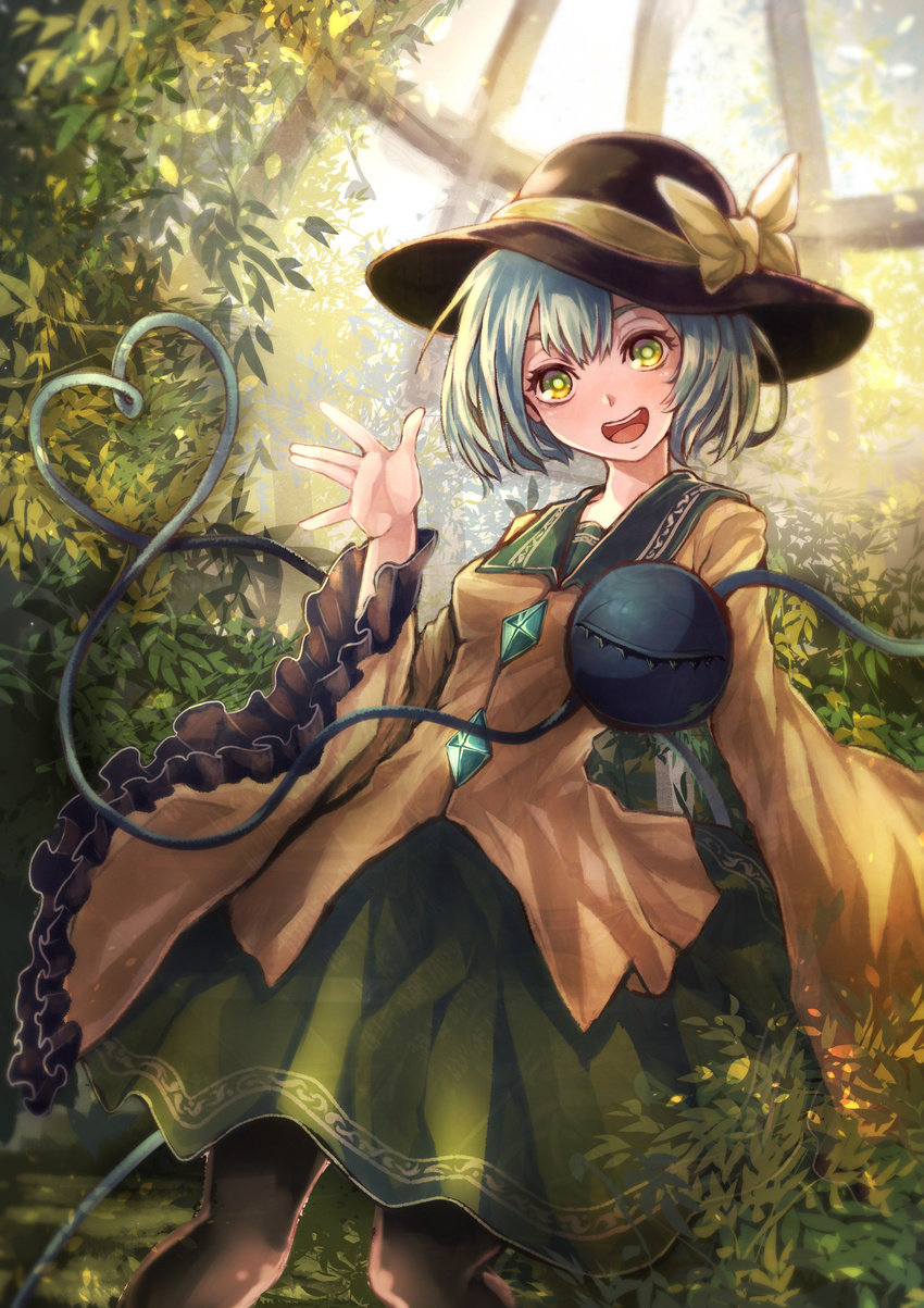 absurdres black_hat black_legwear blouse bow bush commentary_request dai_(yamii) frilled_sleeves frills green_eyes green_hair green_skirt greenhouse hand_up hat hat_bow head_tilt heart heart_of_string highres komeiji_koishi long_sleeves looking_at_viewer miniskirt open_mouth outdoors pantyhose skirt smile solo third_eye touhou waving wide_sleeves yellow_bow