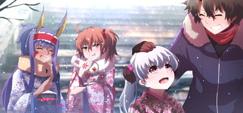 3girls :d ^_^ alternate_costume animal_ears bad_id bad_pixiv_id bangs black_gloves black_kimono blue_jacket blurry blurry_background blush breath brown_hair closed_eyes command_spell dark_skin day depth_of_field eyebrows_visible_through_hair facial_mark fate/extra fate/grand_order fate_(series) floral_print frills fujimaru_ritsuka_(female) fujimaru_ritsuka_(male) fur-trimmed_jacket fur_collar fur_trim gloves grey_kimono grin hair_between_eyes hair_bobbles hair_ornament hair_scrunchie hand_on_another's_head hand_to_own_mouth headband high_ponytail highres jackal_ears jacket japanese_clothes kimono long_hair long_sleeves looking_at_another multiple_girls nitocris_(fate/grand_order) nursery_rhyme_(fate/extra) obi open_mouth outdoors ponytail print_kimono purple_eyes purple_hair red_scrunchie sash scrunchie side_ponytail sidelocks silver_hair smile smirk snow snowing stairs stone_stairs v-shaped_eyebrows very_long_hair wada_kazu wide_sleeves yellow_kimono