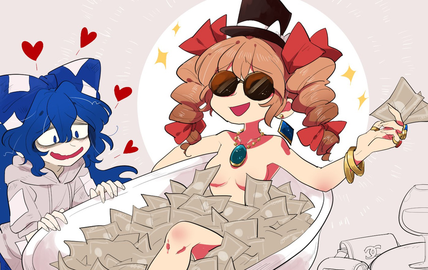 bag bathtub black_hat blue_bow blue_eyes blue_hair blush bow bracelet breasts brown_hair chanel convenient_censoring cup drill_hair drinking_glass earrings furukawa_(yomawari) gem hair_between_eyes hair_bow hat hat_bow hat_ribbon heart holding jewelry long_hair money money_bath multiple_girls necklace nude open_mouth pendant red_bow ribbon shaded_face siblings sisters sitting small_breasts smile sparkle sunglasses top_hat touhou twin_drills very_long_hair white_bow white_ribbon yorigami_jo'on yorigami_shion