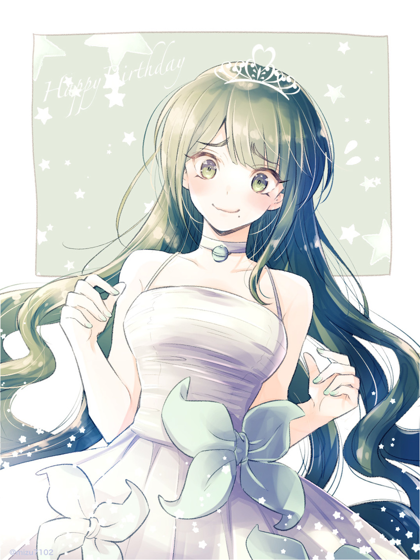 alternate_costume alternate_hairstyle blush breasts chabashira_tenko choker danganronpa dress green_eyes green_hair hair_ornament happy_birthday highres long_hair medium_breasts mizutama mole mole_under_mouth new_danganronpa_v3 smile solo wedding_dress