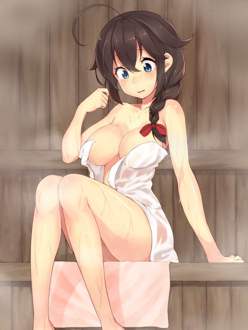 kantai_collection shigure_(kancolle) siesta_(artist) towel wet