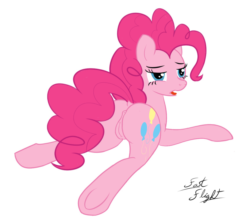 anus butt clitoris cutie_mark earth_pony equine eyelashes fast_flight female friendship_is_magic fur hair horse lying mammal my_little_pony pink_fur pink_hair pink_tail pinkie_pie_(mlp) pony presenting pussy signature simple_background solo tongue tongue_out white_background