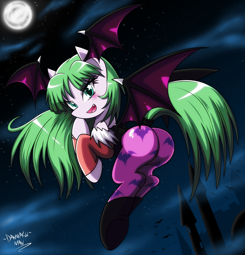 2017 absurd_res butt capcom clothed clothing danmakuman darkstalkers equine eyelashes female full_moon green_eyes green_hair hair hi_res long_hair looking_at_viewer mammal moon morrigan_aensland my_little_pony night open_mouth open_smile ponification sky smile solo star starry_sky video_games wings