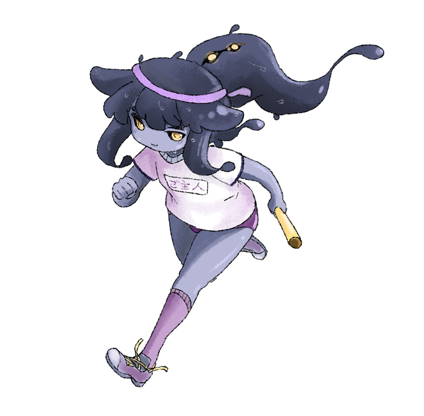 bangs black_sclera blue_skin boots buruma commentary full_body gym_uniform holding knee_boots latenight long_hair looking_at_viewer monster_girl monster_girl_encyclopedia name_tag purple_hair purple_legwear relay_baton running shirt shoes shoggoth_(monster_girl_encyclopedia) short_sleeves smile sneakers solo sweat tentacle_hair transparent_background untied_shoes white_shirt yellow_eyes