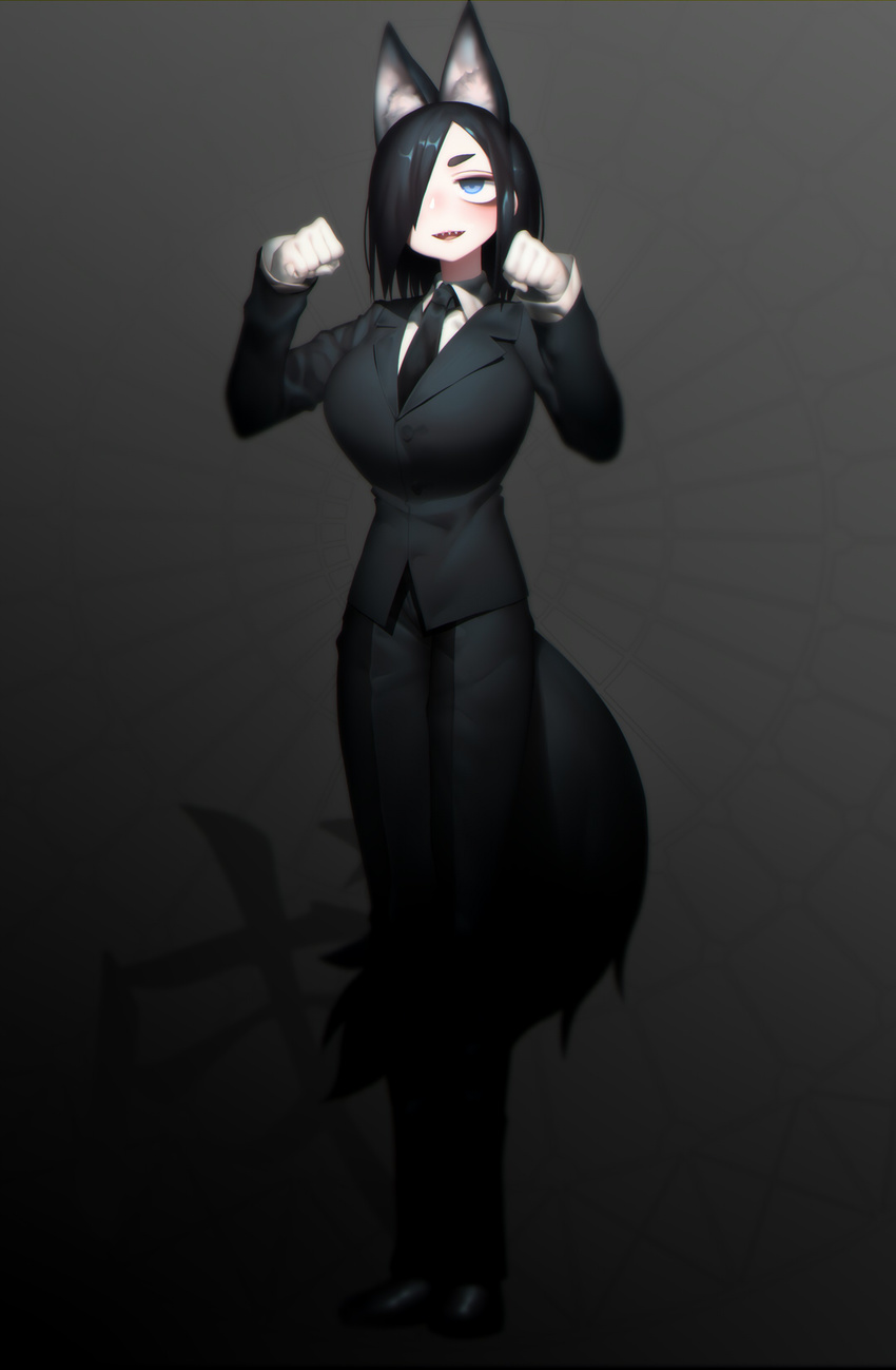 :d animal_ears black_footwear black_hair black_jacket black_neckwear black_pants blue_eyes blush breasts business_suit collared_shirt commentary_request fangs formal full_body gloves grey_background hair_over_one_eye hands_up harau highres jacket large_breasts legs_together long_sleeves looking_at_viewer necktie open_mouth original pants paw_pose sharp_teeth shirt shoes short_hair smile solo standing suit tail teeth white_gloves white_shirt wing_collar wolf_ears wolf_tail