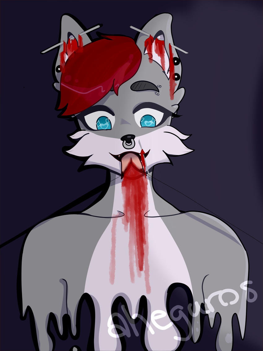 aheguro blood canine facial_piercing gore goretober hair male mammal needles nose_piercing piercing red_hair rexcanis septum_piercing tongue_split wolf