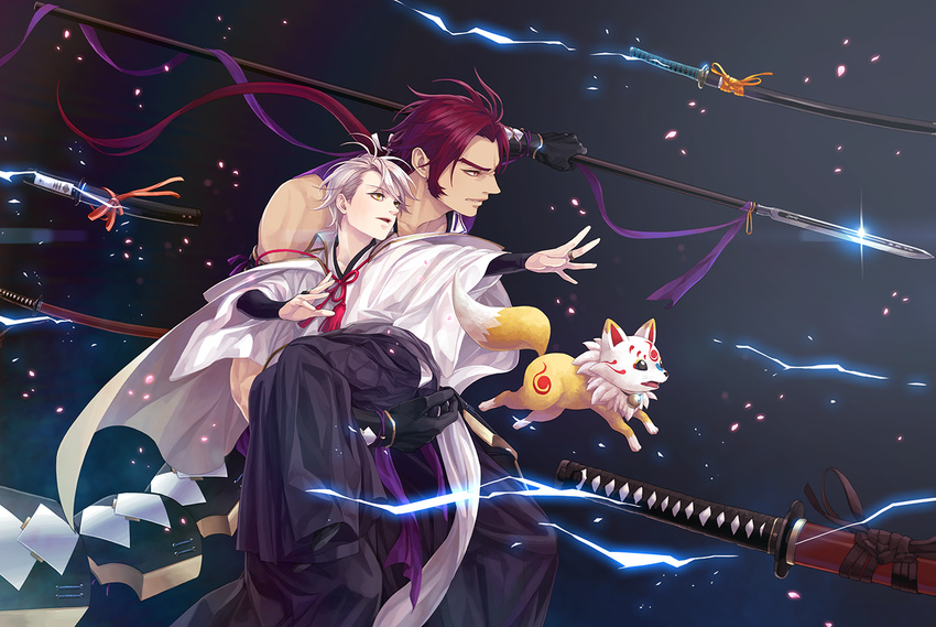 1other androgynous black_gloves carrying fox gloves hakama japanese_clothes katana katsugeki/touken_ranbu konnosuke male_focus polearm ponytail red_hair saniwa_(katsugeki/touken_ranbu) saniwa_(touken_ranbu) sheath sheathed spear sword tantou tonbokiri_(touken_ranbu) touken_ranbu twoframe wakizashi weapon white_hair yari yellow_eyes