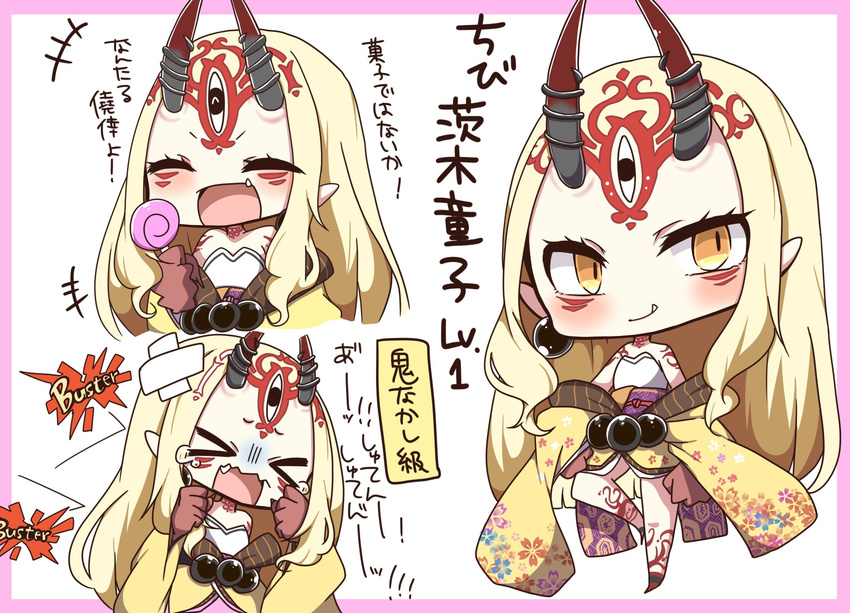 bandaid bare_shoulders beads blonde_hair border candy chibi closed_eyes closed_mouth earrings facial_mark facing_viewer fang_out fate/grand_order fate_(series) floral_print food grey_background highres horns ibaraki_douji_(fate/grand_order) jako_(jakoo21) japanese_clothes jewelry kimono lollipop long_hair multiple_views off_shoulder oni_horns pink_border pointy_ears simple_background smile tattoo tears translated yellow_eyes yellow_kimono