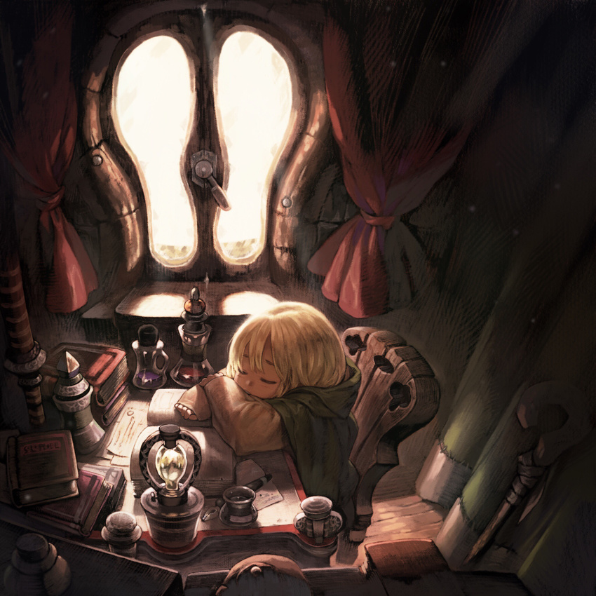 1girl blonde_hair book bottle cloak curtains day desk eyes_closed from_above highres indoors jun_(seojh1029) long_sleeves on_chair paper pen sitting sleeping solo staff sunlight window wooden_chair wooden_floor