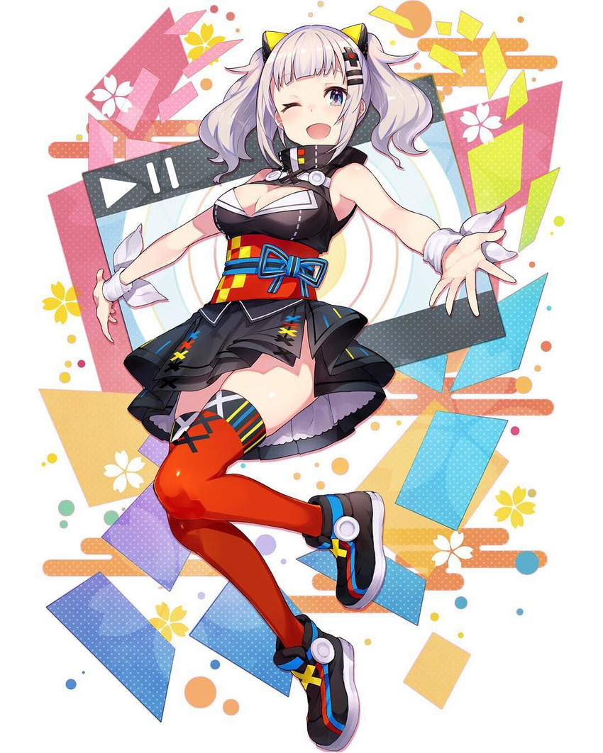 ;d bangs bare_arms blue_eyes boots breasts cleavage cleavage_cutout dress eyebrows_visible_through_hair full_body hair_ornament hairclip highres jpeg_artifacts kaguya_luna kaguya_luna_(character) legs_up looking_at_viewer medium_breasts medium_hair mika_pikazo obi official_art one_eye_closed open_mouth outstretched_arms red_legwear sash silver_hair sleeveless sleeveless_dress smile solo spread_arms thighhighs twintails virtual_youtuber wristband