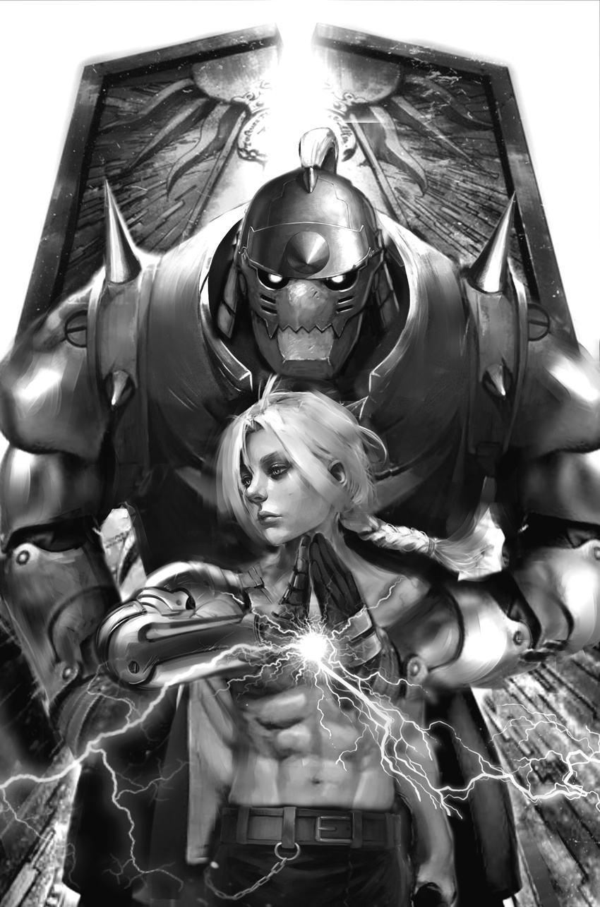 abs alphonse_elric armor bangs belt braid brothers cowboy_shot edward_elric eyelashes full_armor fullmetal_alchemist glowing glowing_eyes greyscale half_updo hands_together highres lightning living_armor long_hair looking_to_the_side male_focus mechanical_arm miawrly monochrome navel nose open_gate pants parted_bangs prosthesis prosthetic_arm shirtless shoulder_spikes siblings spiked_helmet spikes the_gate_(fma) white_background