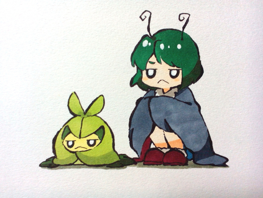 :&lt; antennae blue_eyes closed_mouth crossover gen_5_pokemon green_eyes jitome long_sleeves looking_at_viewer pokemon pokemon_(creature) red_footwear sasa_kichi shoes sleeves_past_wrists squatting swadloon touhou widescreen wriggle_nightbug
