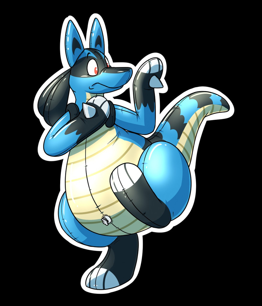 2016 animate_inanimate anthro belly bingleborf black_background digital_drawing_(artwork) digital_media_(artwork) hi_res hybrid inflatable kangaroo living_inflatable lucario male mammal marsupial nintendo nude pok&eacute;mon pok&eacute;mon_(species) pool_toy rawr_(artist) red_eyes simple_background solo spikes surprise video_games