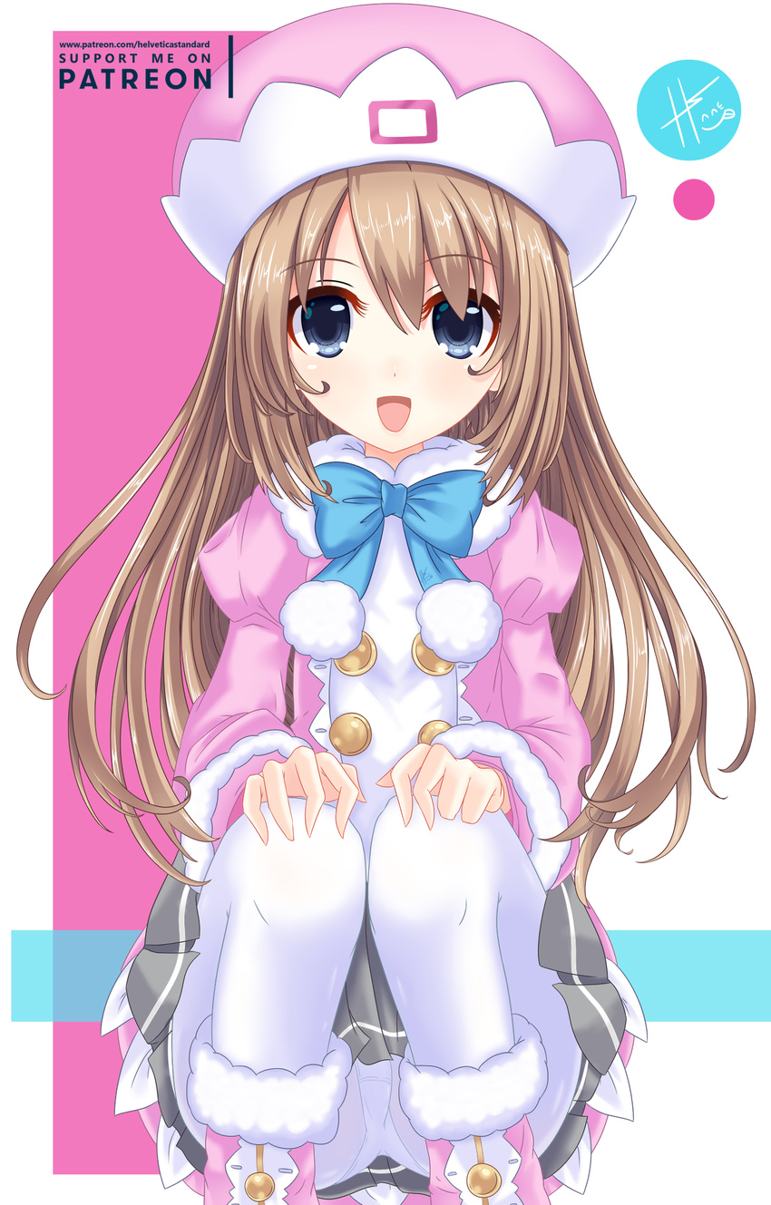 :d blue_eyes blue_neckwear boots bow bowtie brown_hair double-breasted fur_trim grey_skirt hat helvetica_5tandard highres jacket long_hair looking_at_viewer neptune_(series) open_mouth panties panties_under_pantyhose pantyhose pink_jacket ram_(choujigen_game_neptune) skirt smile solo squatting underwear white_legwear