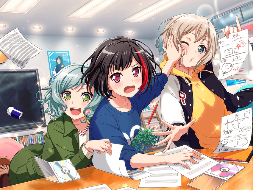 3girls bang_dream! black_hair blue_eyes blush group mitake_ran multiple_girls shift short_hair