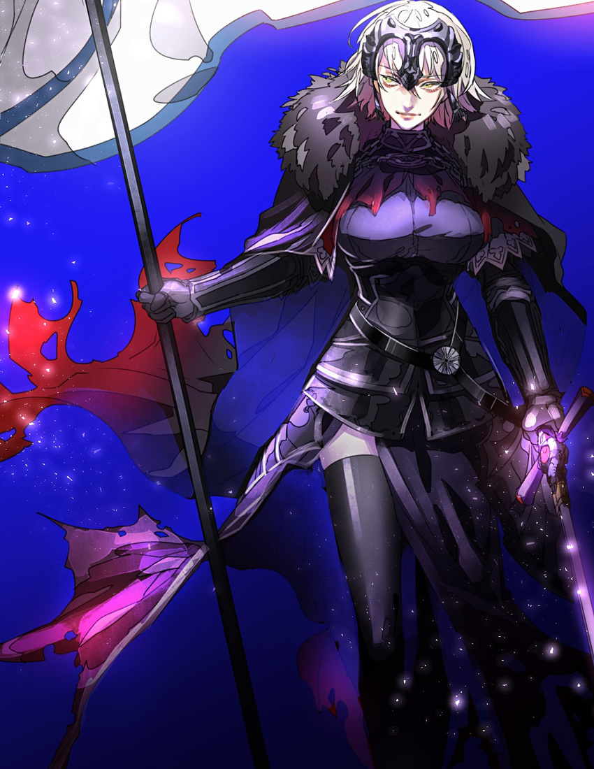 armor armored_dress banner blonde_hair cape fate/grand_order fate_(series) flag fur_collar gauntlets headpiece highres holding holding_sword holding_weapon jeanne_d'arc_(alter)_(fate) jeanne_d'arc_(fate)_(all) short_hair sword tenobe thighhighs weapon