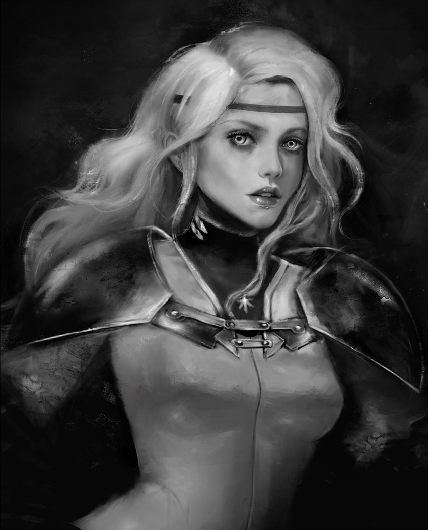 bodysuit circlet claymore commentary dark_background eyelashes greyscale highres labret_piercing lips long_hair looking_at_viewer miawrly monochrome original parted_lips pauldrons piercing realistic silver_eyes solo teeth upper_body white_bodysuit white_hair