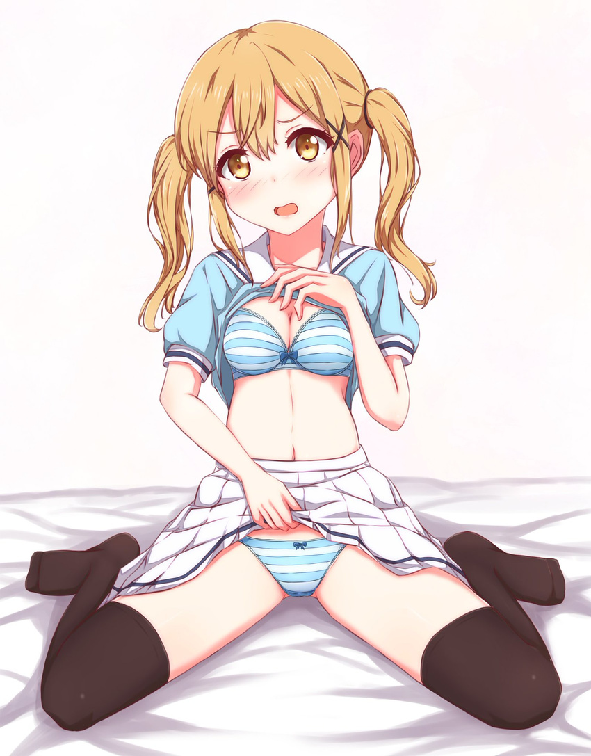 azusa_(sukumizuya) bang_dream! black_legwear blonde_hair blue_shirt blush bow bow_bra bow_panties bra breasts brown_eyes eyebrows_visible_through_hair full_body hair_between_eyes hair_ornament hanasakigawa_school_uniform head_tilt highres ichigaya_arisa long_hair looking_at_viewer medium_breasts navel no_shoes nose_blush open_mouth panties pleated_skirt puffy_short_sleeves puffy_sleeves school_uniform serafuku shirt shirt_lift short_sleeves sitting skirt skirt_lift solo spread_legs striped striped_bra striped_panties thighhighs twintails underwear wariza white_skirt x_hair_ornament