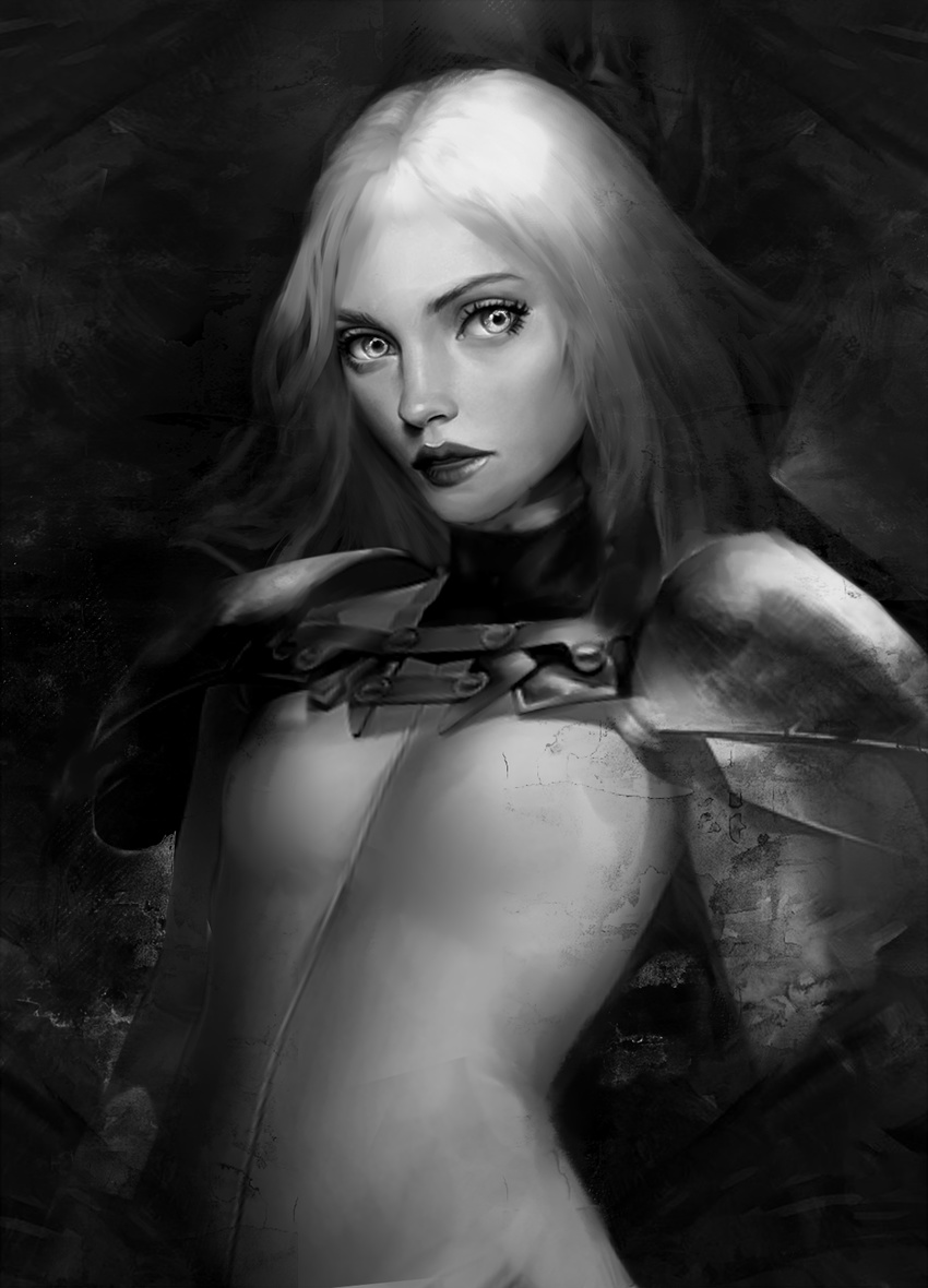 bodysuit claymore commentary dark_background eyebrows eyelashes greyscale highres lips looking_at_viewer miawrly monochrome nose original parted_lips pauldrons realistic silver_eyes solo teeth upper_body white_bodysuit white_hair