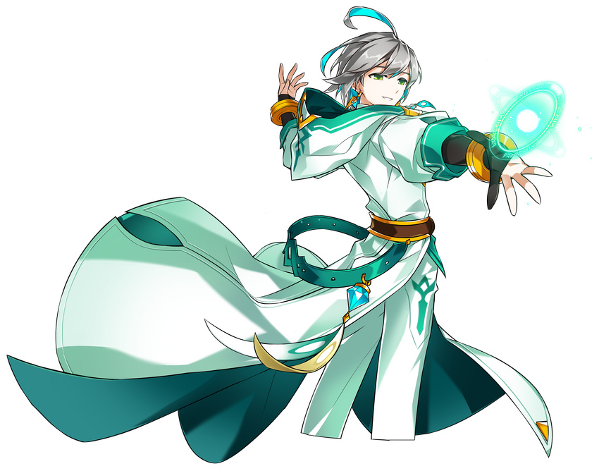 absurdres ahoge ainchase_ishmael aqua_hair artist_request belt black_gloves earrings elsword gloves god's_agent_(elsword) green_eyes grey_hair highres hood jewelry looking_away magic magic_circle male_focus multicolored_hair official_art pants partly_fingerless_gloves smile solo transparent_background two-tone_hair white_coat white_pants