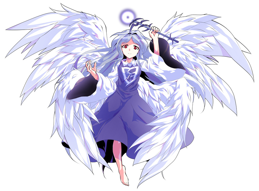 absurdly_long_hair alphes_(style) angel angel_wings bangs bare_legs barefoot blue_hair breasts closed_mouth collared_shirt dairi dress eyebrows eyebrows_visible_through_hair feathered_wings feathers full_body hair_intakes highres holding holding_wand left-handed long_hair long_sleeves looking_at_viewer multiple_wings palms parody parted_bangs purple_dress red_eyes sariel seraph shirt small_breasts smile solo style_parody touhou touhou_(pc-98) transparent_background undershirt very_long_hair wand white_shirt white_wings wide_sleeves wings