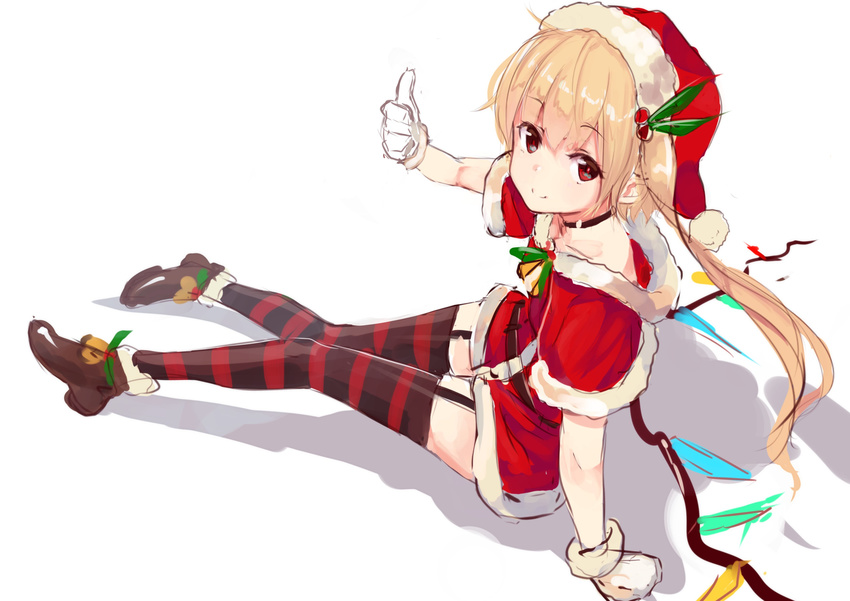 absurdres alternate_costume blonde_hair brown_footwear capelet choker dress flandre_scarlet full_body gloves hat highres homo_1121 knees_together_feet_apart looking_at_viewer red_capelet red_eyes red_hat santa_costume santa_hat shoes short_dress simple_background sitting sketch smile solo striped striped_legwear thighhighs thumbs_up touhou white_background white_gloves wings
