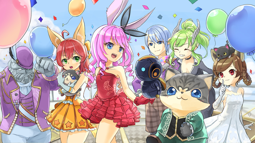 4girls :3 animal animal_ears animal_on_head arm_up artist_request balloon blue_eyes blue_hair braid breasts brown_hair bunny_ears castanic_(tera) cat cat_ears character_request cleavage closed_eyes curly_hair dog_ears dress elbow_gloves elin_(tera) finger_to_mouth frilled_sleeves frills gloves green_eyes green_hair grin hat high_elf highres horns hug jacket jewelry long_hair medium_breasts multiple_boys multiple_girls necklace object_hug on_head open_mouth pants pink_hair pointy_ears ponytail popori purple_jacket purple_vest red_dress red_eyes red_gloves robot short_dress short_hair small_breasts smile stuffed_toy tera_online twin_braids twintails vest white_dress white_gloves yellow_dress