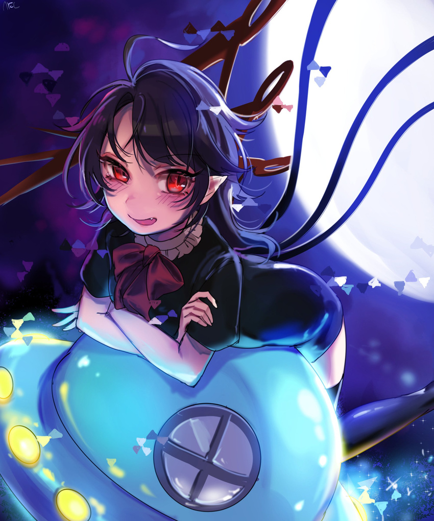 absurdres asymmetrical_wings bent_over black_dress black_hair black_legwear blush bow bowtie dress fang full_body highres houjuu_nue looking_at_viewer night night_sky outdoors pointy_ears red_eyes red_neckwear shan short_dress sky slit_pupils smile solo thighhighs touhou ufo wings